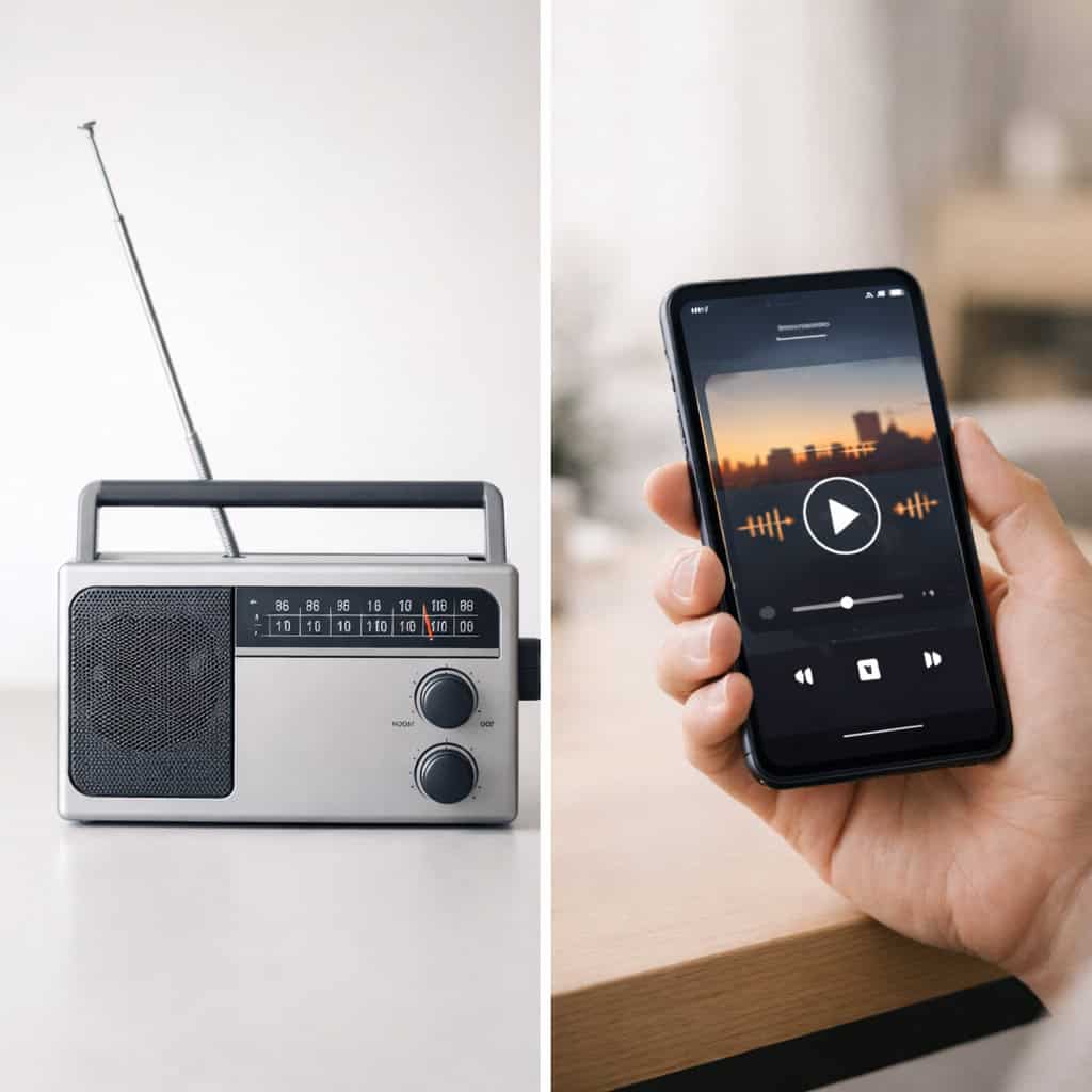 tradycyjny odbiornik radiowy obok telefonu komórkowego