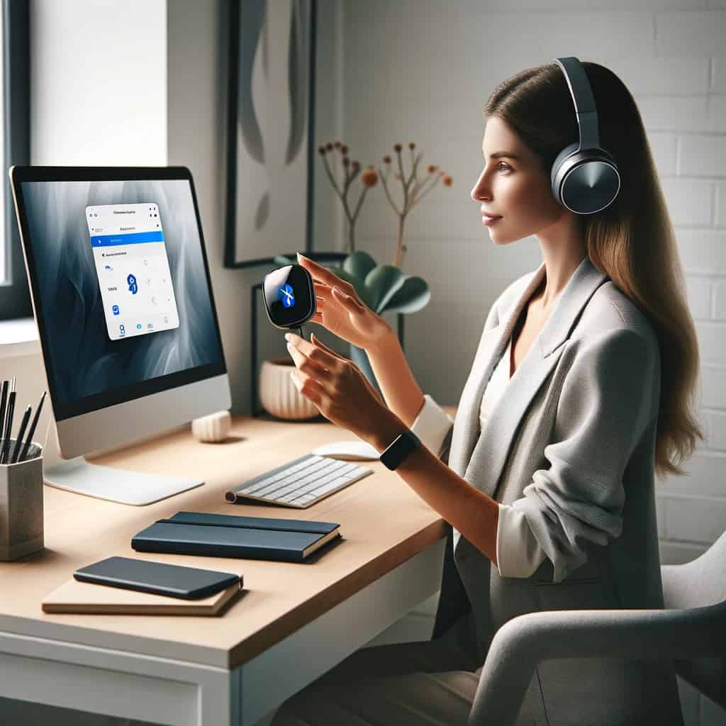 jak podłączyć słuchawki bezprzewodowe do komputera bez bluetooth - kobieta w słuchawkach przed komputerem trzyma w ręku moduł Bluetooth