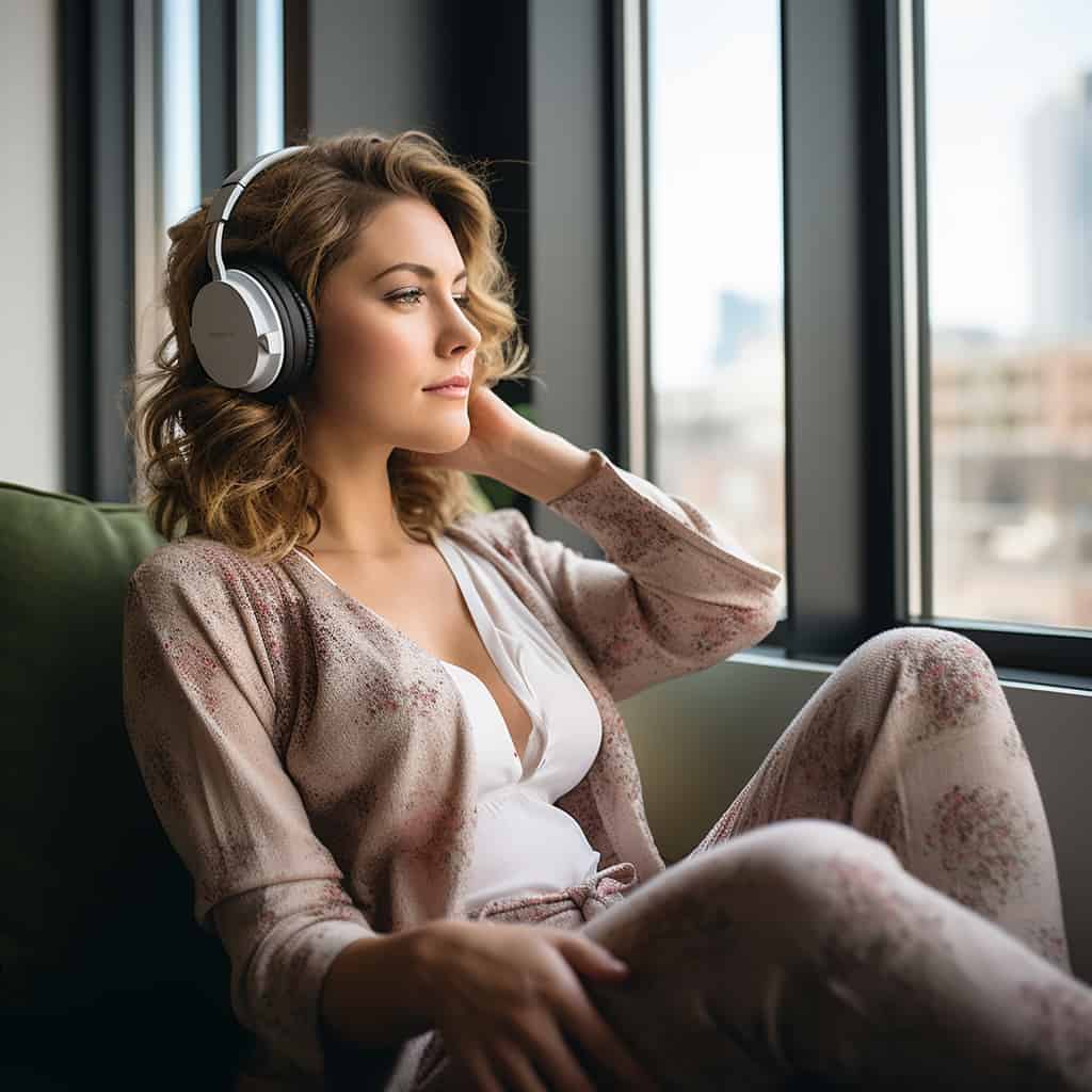 tanie i dobre słuchawki bezprzewodowe na głowie kobiety wypoczywającej w fotelu przy oknie