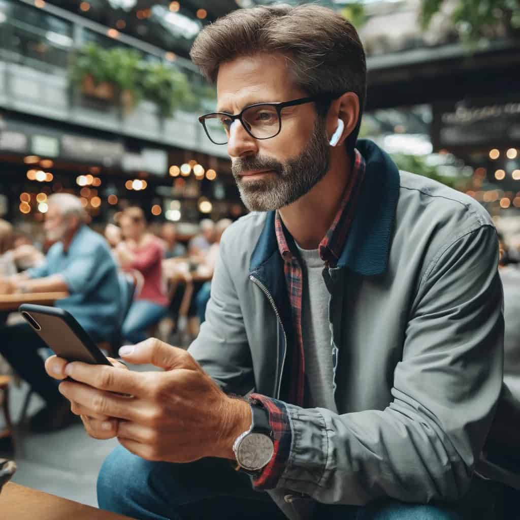 tanie słuchawki do telefonu w uszach mężczyzny siedzącego z telefonem w zatłoczonej kawiarni