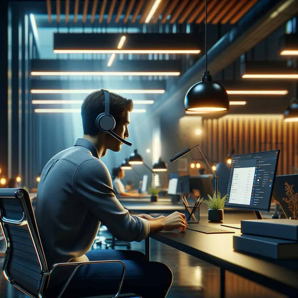 teams słuchawki bluetooth - mężczyzna przed przed komputerem w słuchawkach z mikrfonem