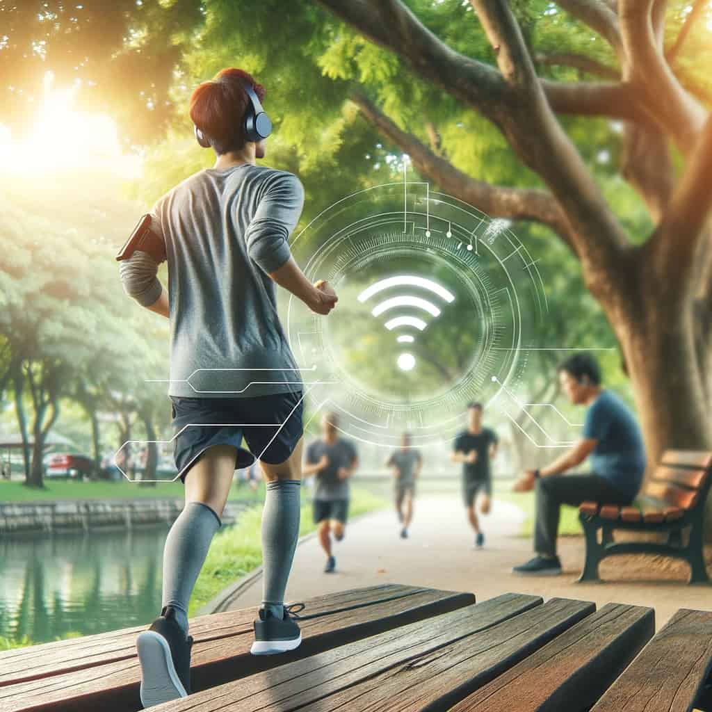 technologia bluetooth - mężczyzna ze słuchawkami biegający w parku