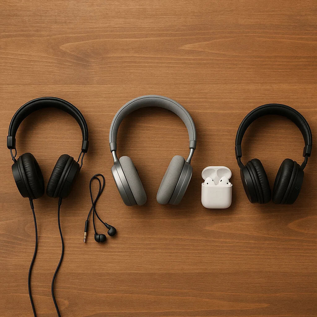 test słuchawek - różne modele słuchawek ułożone na stole: nauszne, douszne i bezprzewodowe