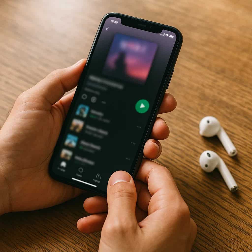 tidal czy spotify - Smartfon z otwartą aplikacją do streamingu muzyki i słuchawki bezprzewodowe na stole
