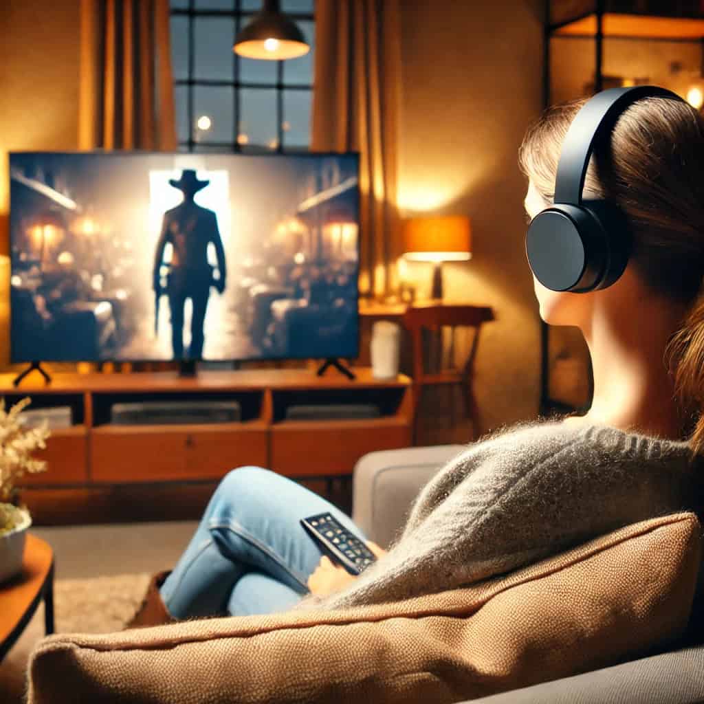 uniwersalne słuchawki do telewizora na uszach kobiety, która siedzi na sofie i ogląda film