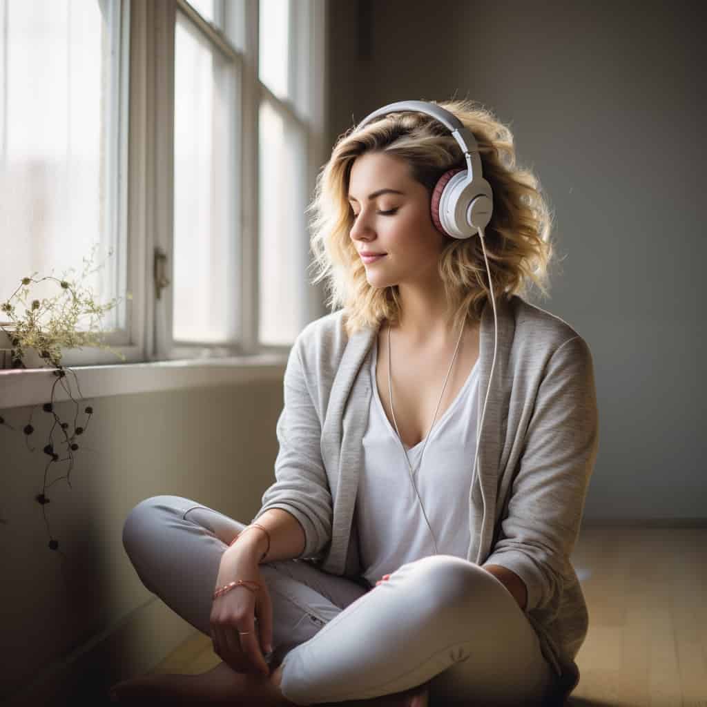 usb c słuchawki na głowie kobiety siedzącej na podłodze z zamkniętymi oczami