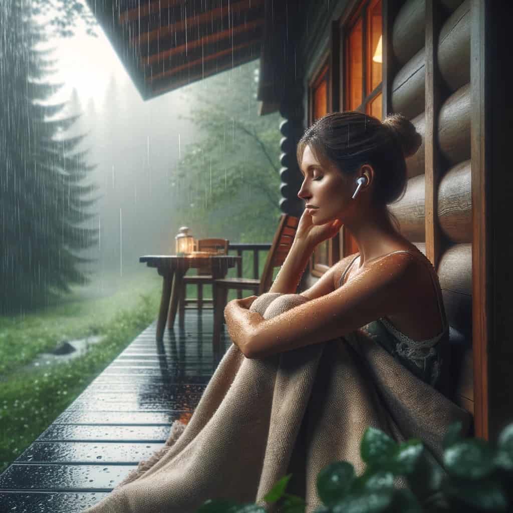 wodoodporne słuchawki ranking w uszach kobiety, która siedzi pod kocem na tarasie przed domem w deszczu