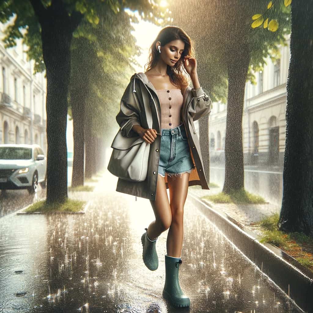 wodoodporne słuchawki - kobieta w modelu dokanałowym spaceruje w deszczu