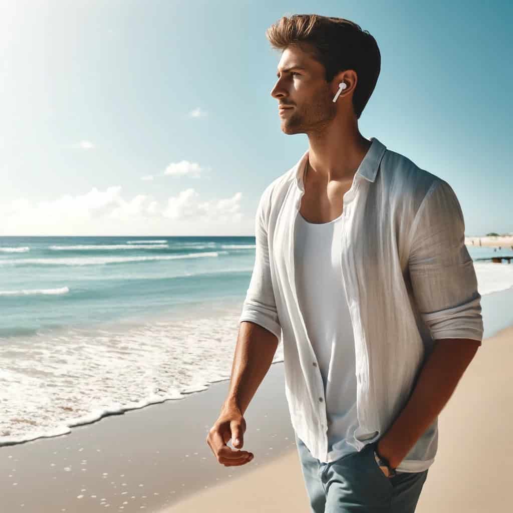 wodoszczelne słuchawki bluetooth w uszach mężczyzny spacerującego plażą