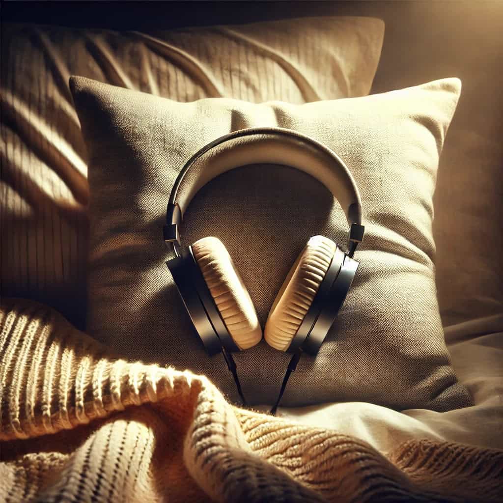 wpływ słuchawek na fazy snu - przykładowy model leży na łóżku