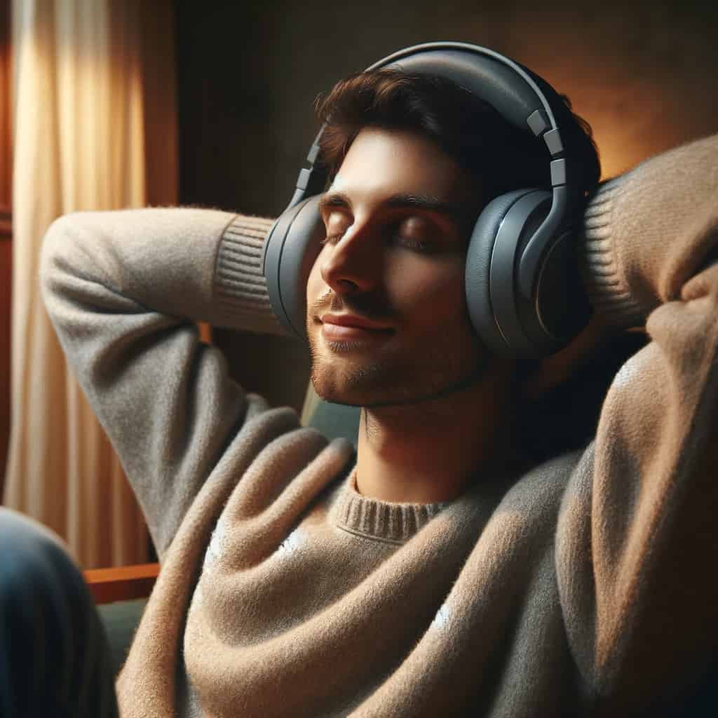 wygodne słuchawki do rocka i metalu na glowie mezczyzny wypoczywajacego w domu