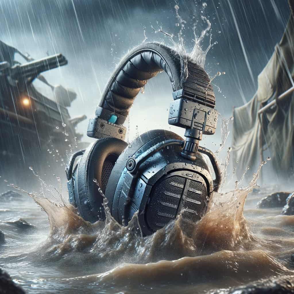 wytrzymale sluchawki do rocka i metalu - model lezący w kałuży podczas deszczu