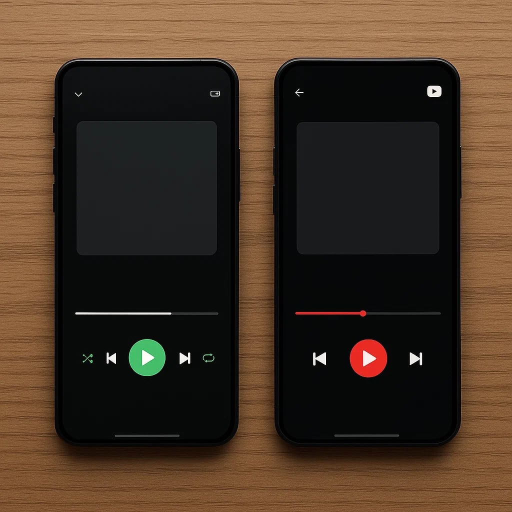 youtube music czy spotify - 2 smartfony jeden z zielnym przyciskiem play, a drugi czerwonym