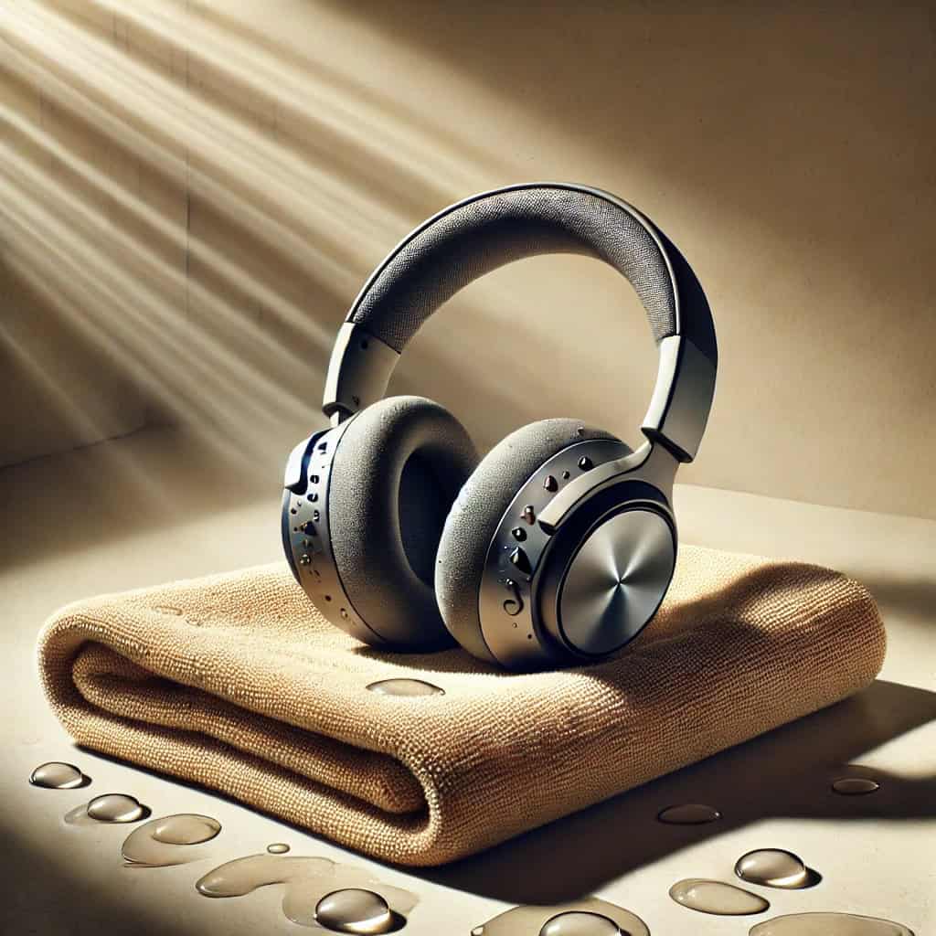 zalane słuchawki bezprzewodowe - przykładowy model na ręczniku obok okna, z którego padają promienie słoneczne