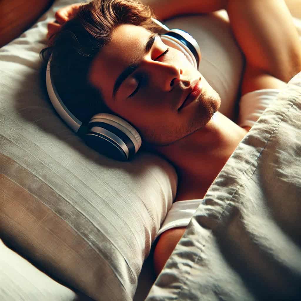 zalety słuchania muzyki podczas snu - mężczyzna  śpi na łóżku w słuchawkach