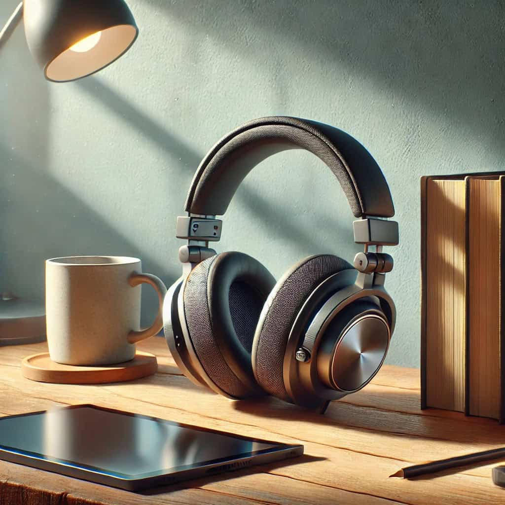 zalety słuchawek polotowartych - przykładowy model obok tabletu