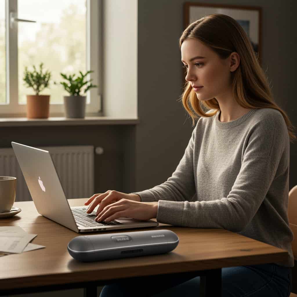 zestaw głośnomówiący do komputera ranking - kobieta prowadzi rozmowę przez laptpop