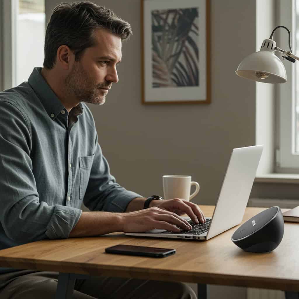 zestaw głośnomówiący do laptopa ranking - mężczyzna siedzi przy biurku, prowadząc rozmowę