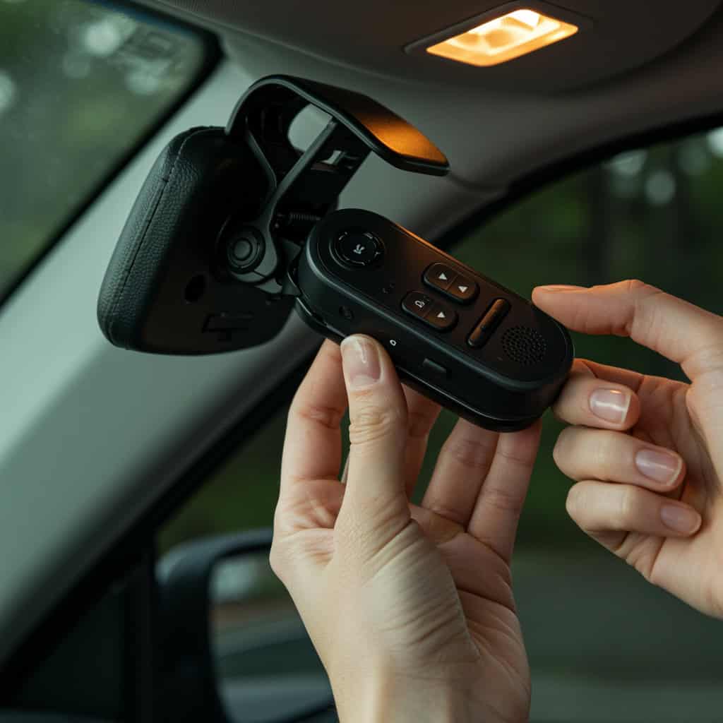 Kobieta regulująca zestaw głośnomówiący przypięty do osłony przeciwsłonecznej.