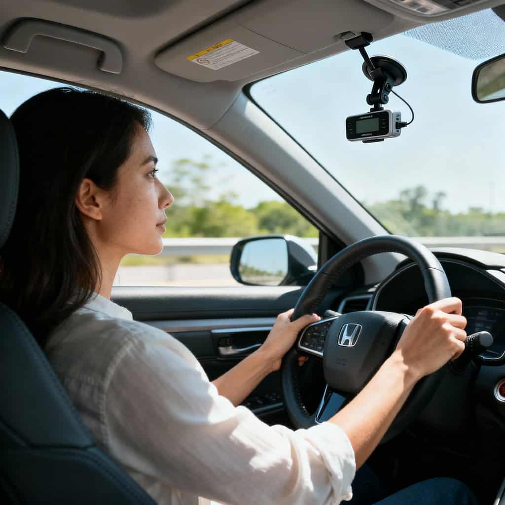 zestaw głośnomówiący do samochodu ranking - przykładowy model na osłonie przeciwsłonecznej w aucie prowadzonym przez kobietę.