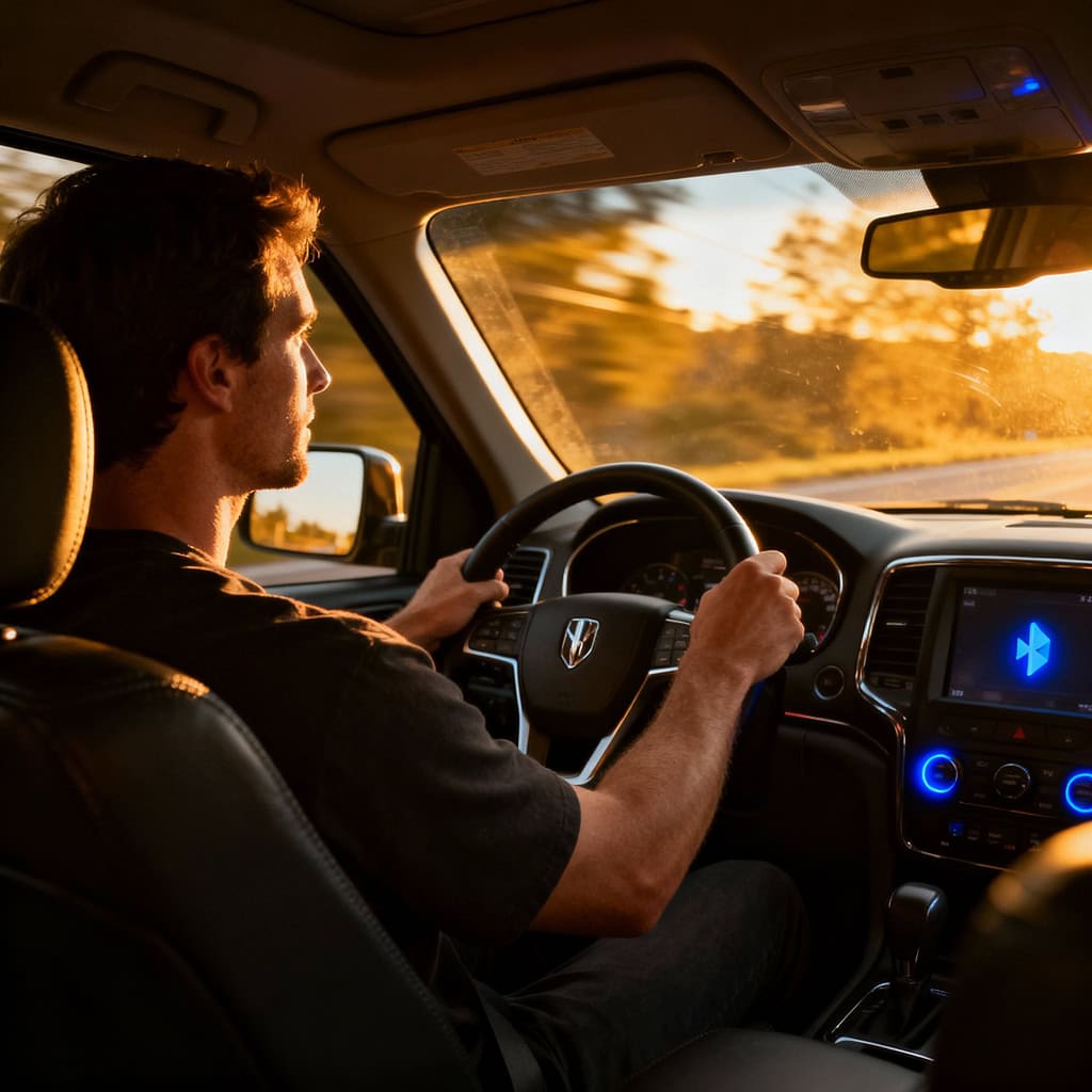 zestaw głośnomówiący do samochodu z wyświetlaczem w aucie mężcyzny