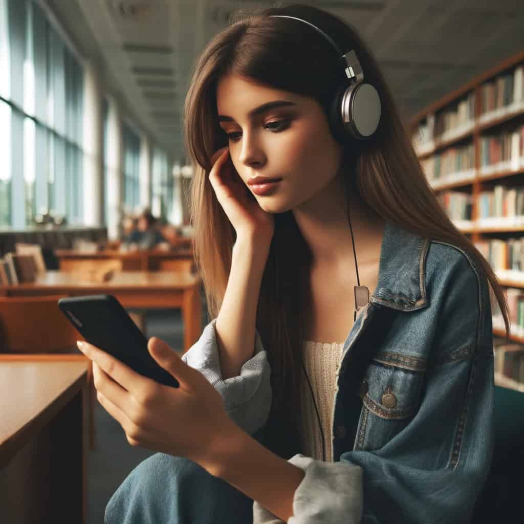 zwykłe słuchawki do telefonu na uszach kobiety, która siedzi z telefonem w bibliotece