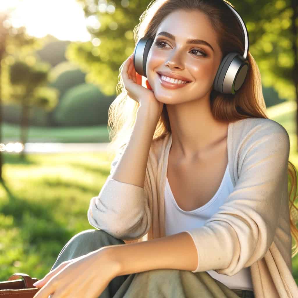 Budowa słuchawek bezprzewodowych - kobieta siedząca w parku na trawie w przykładowym modelu