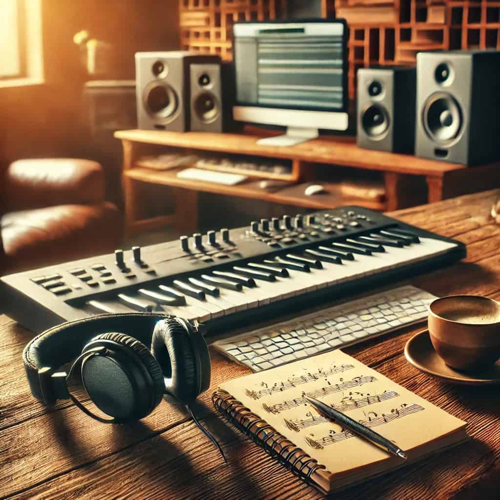 Co to jest dźwięk w muzyce - klawisze, a obok słuchawki i nuty