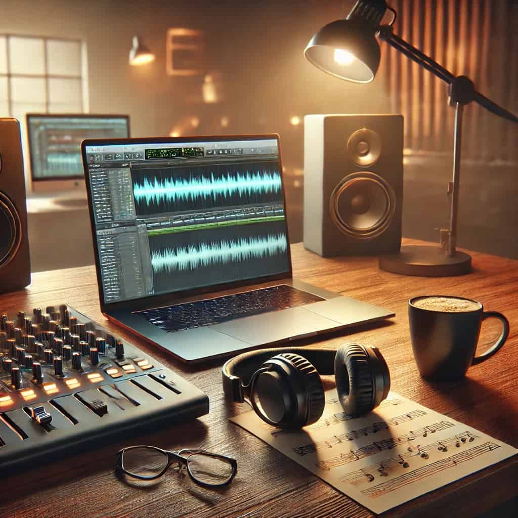 Dźwięki akustyczne a dźwięki elektroniczne - laptop, ma którym działa odtwarzacz audio