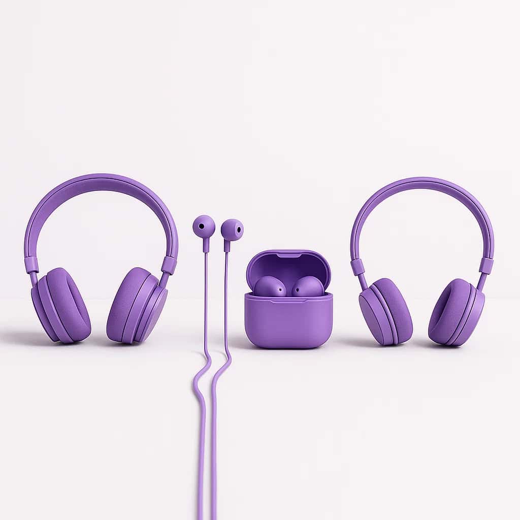 Fioletowe słuchawki bezprzewodowe, przewodowe, nauszne