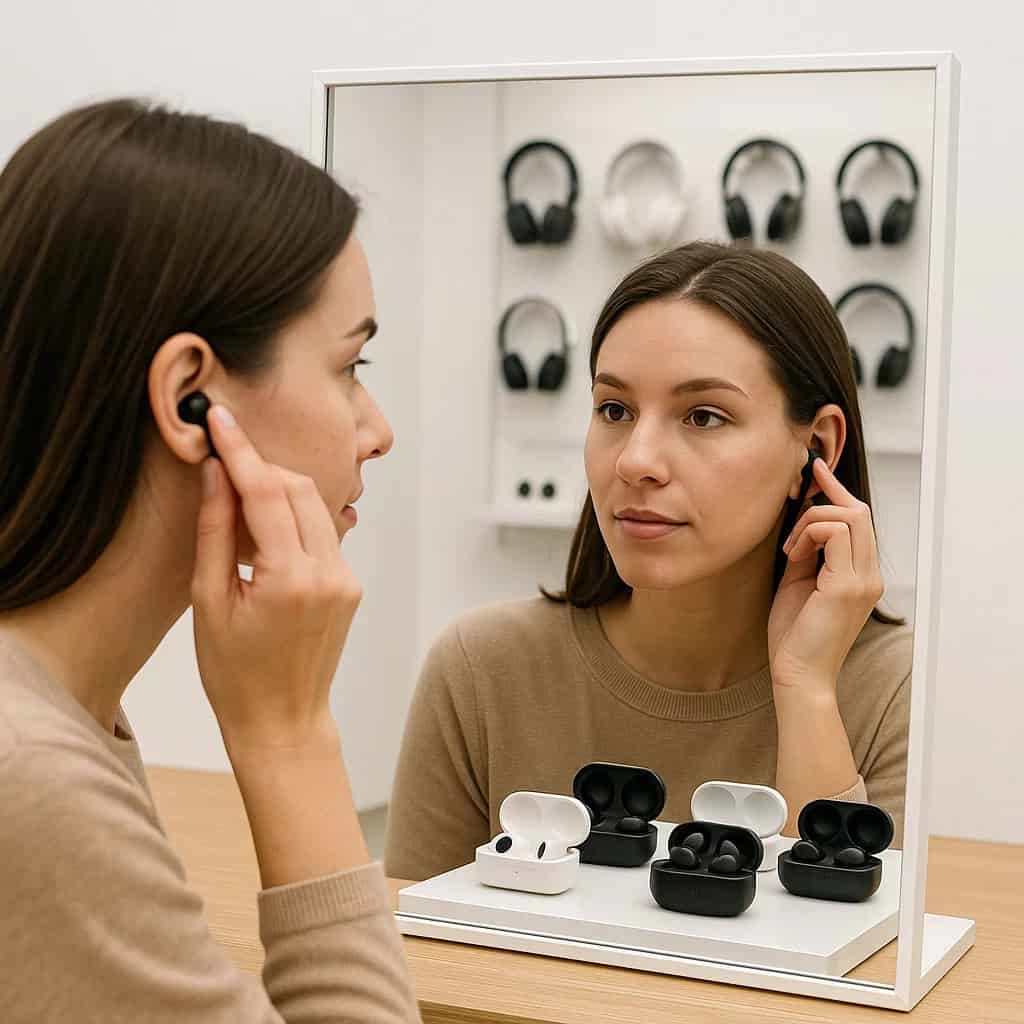 Gdzie można przetestować słuchawki douszne - kobieta sprawdza dopasowanie słuchawek dousznych przed lustrem w sklepie