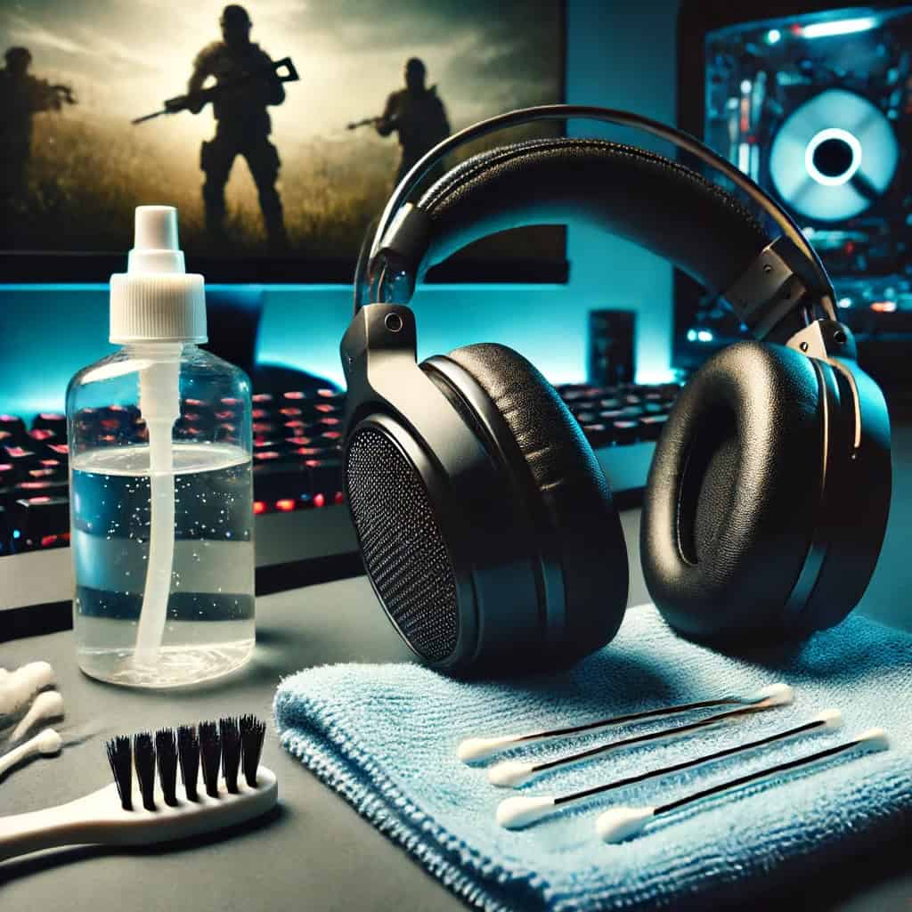 Jak dbać o słuchawki gamingowe - przykładowy model i środki do czyszczenia