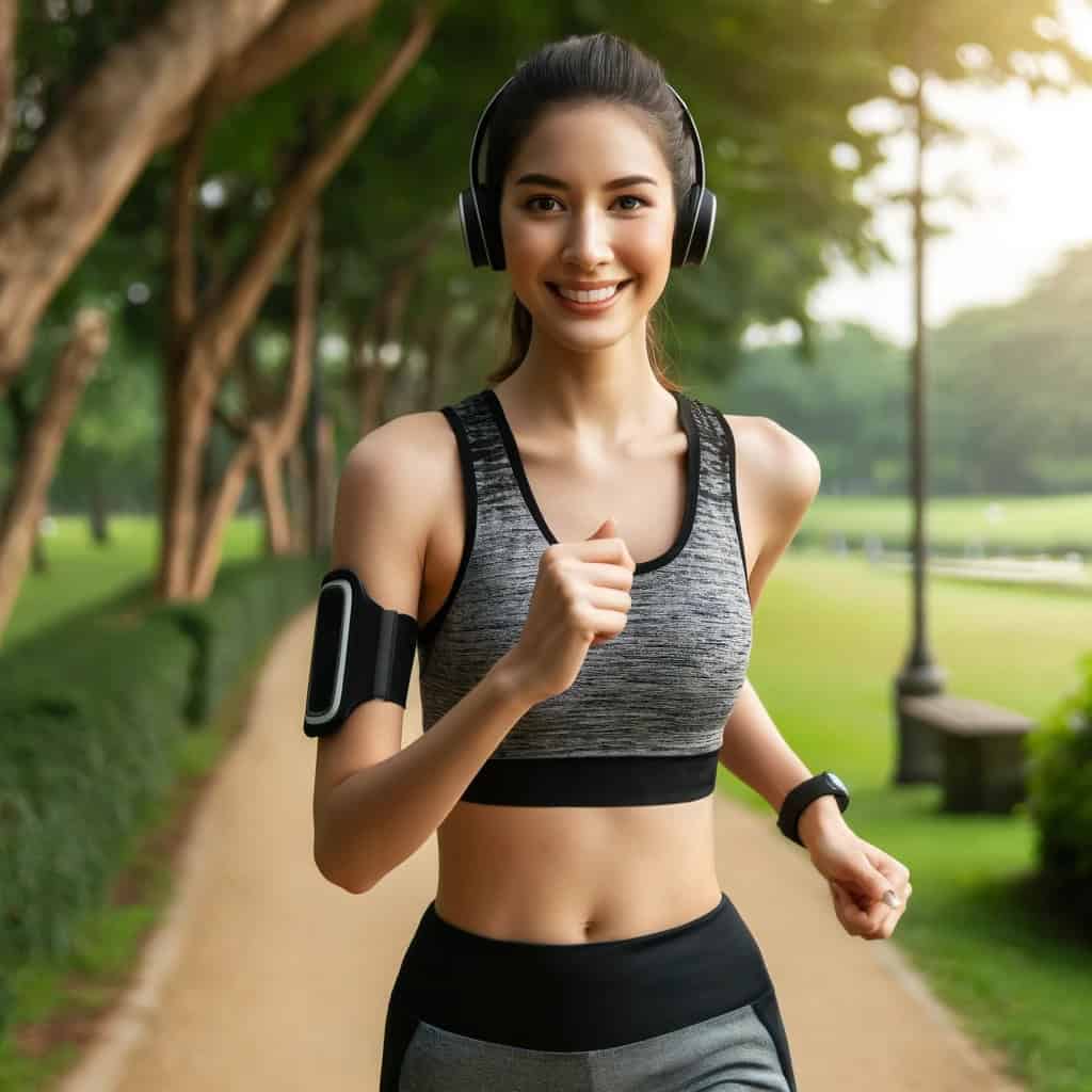 Jak słuchać muzyki podczas biegania - kobieta uprawiające jogging w modelu nausznym