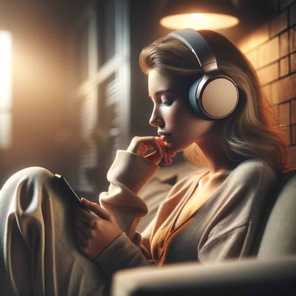 Jak podłączyć słuchawki bezprzewodowe do bluetooth - kobieta słuchająca muzyki na sofie