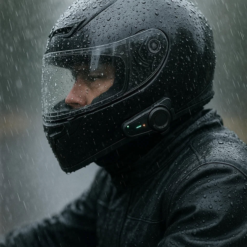 Kask motocyklowy z interkomem podczas jazdy w deszczu.