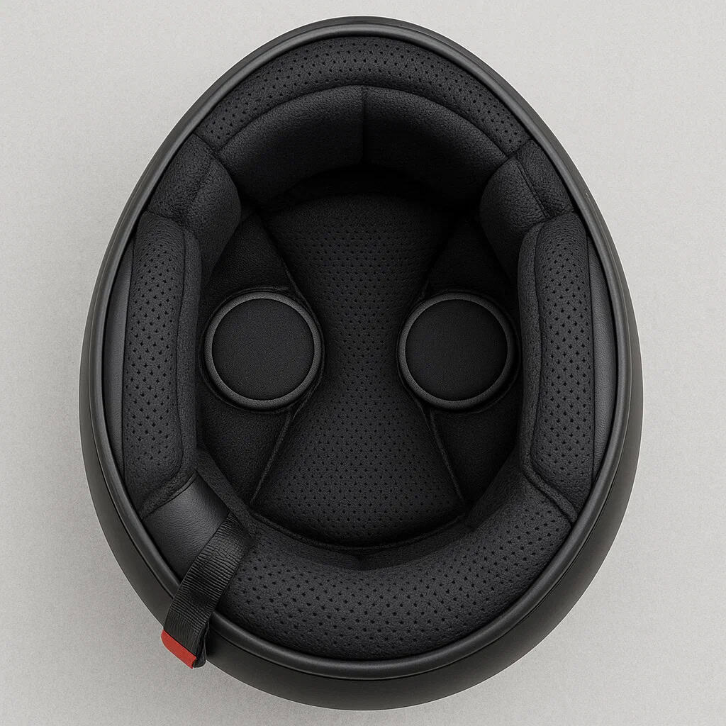 Jak zamontować głośniki interkomu - Wnętrze kasku motocyklowego z umieszczonymi głośnikami interkomu.