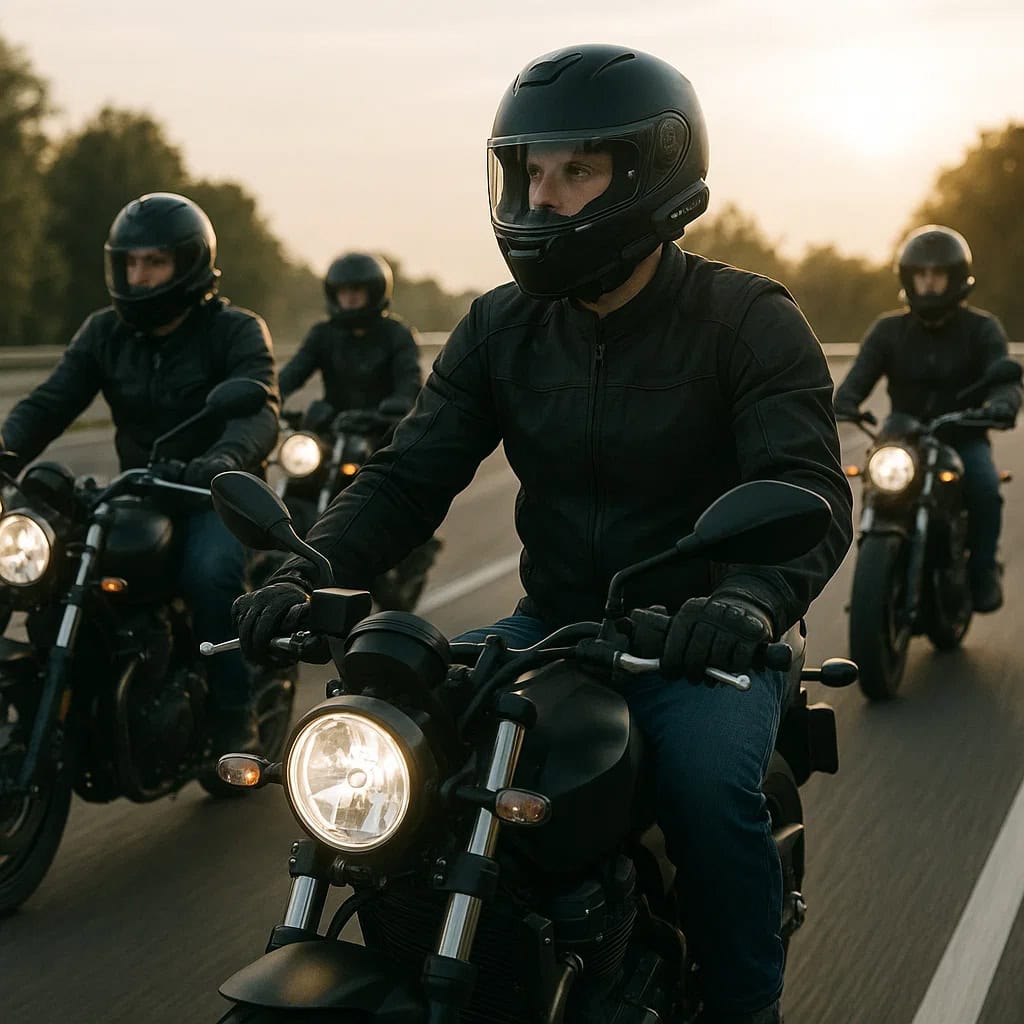 Różne zastosowanie interkomów - Grupa motocyklistów jadących wspólnie autostradą w kaskach z interkomami.