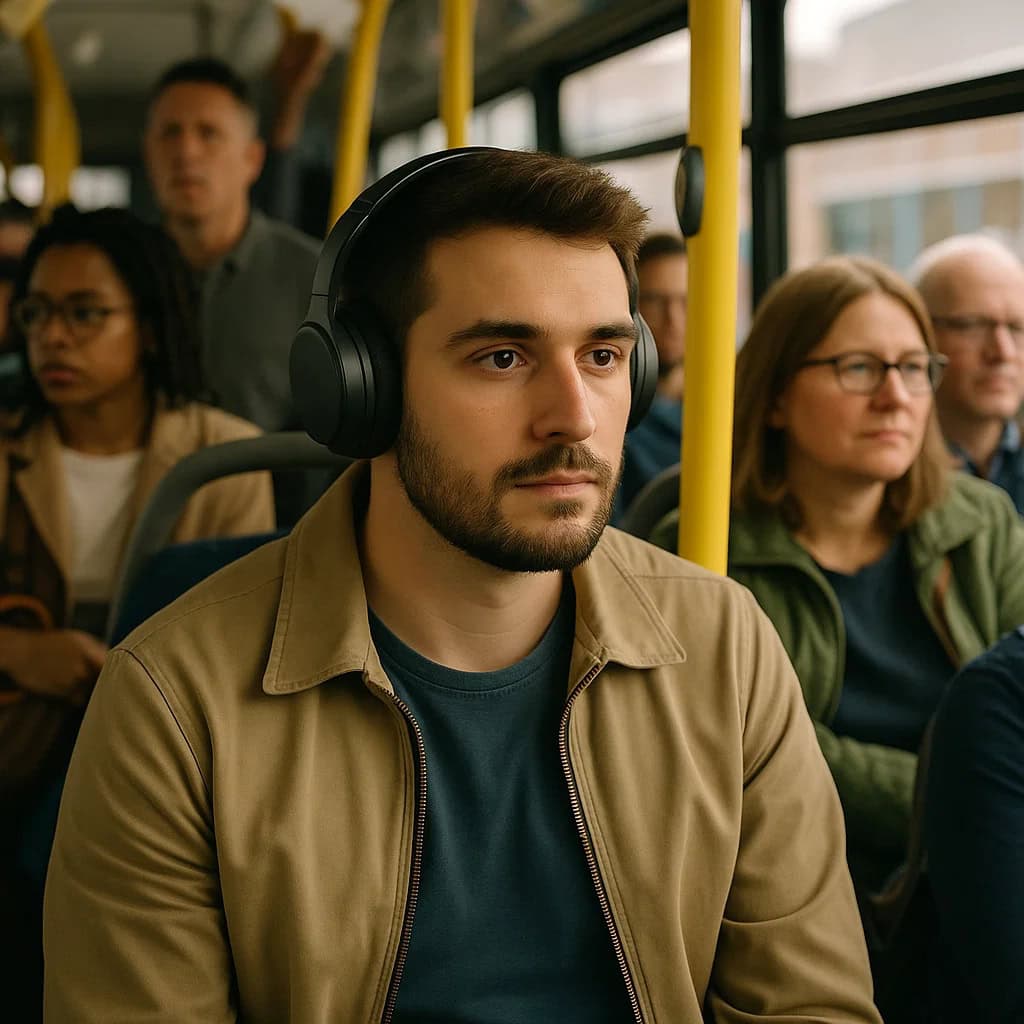 Słuchawki wygłuszające u osoby z nerwicą, która jedzie zatłoczonym autobusem