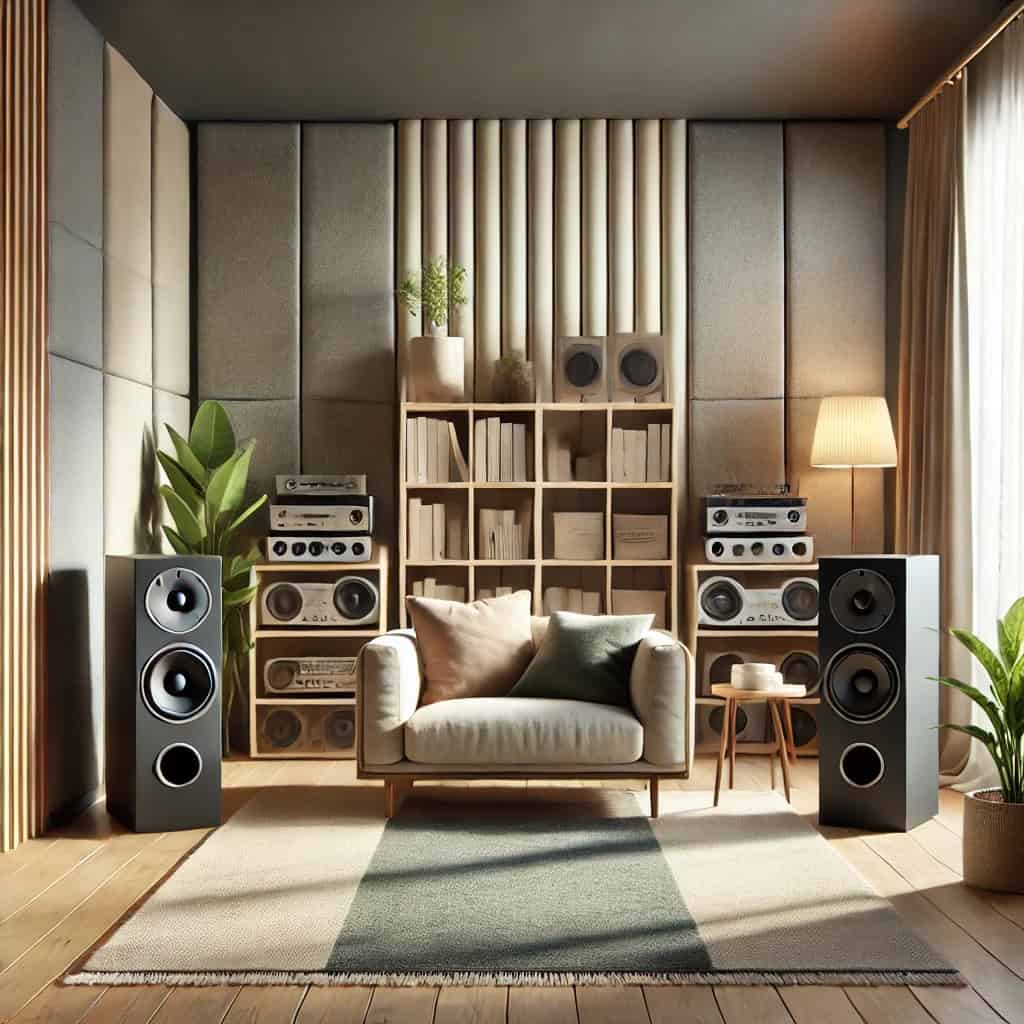 akustyka pomieszczeń mieszkalnych - salon, w którym stoi sofa i zestaw hi-fi