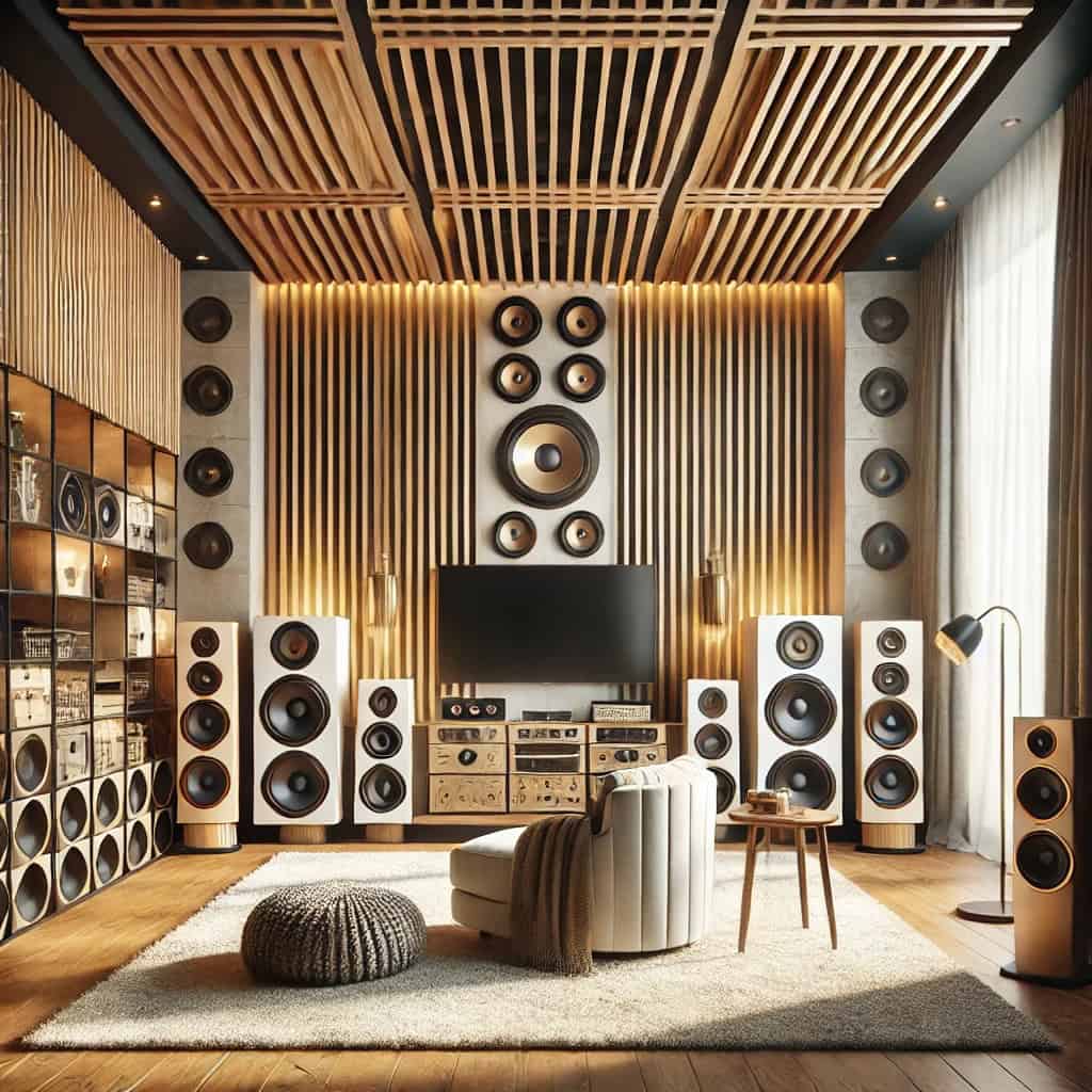 akustyka pomieszczenia kalkulator - pokój z dużą ilością głośników