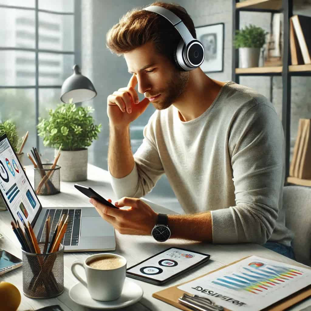 asystent google słuchawki jak wyłączyć - mężczyzna w słuchawkach siedzi przy biurku wpatrując się w ekran smartfona