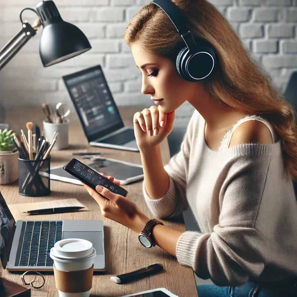 asystent google słuchawki - kobieta w słuchawkach wpatrująca się w ekran telefonu