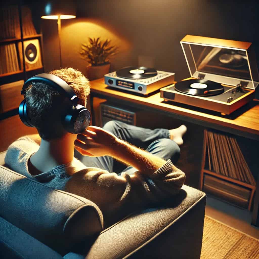 audiofil kto to - mężczyzna w słuchawkach siedzi na sofie przed adapterem