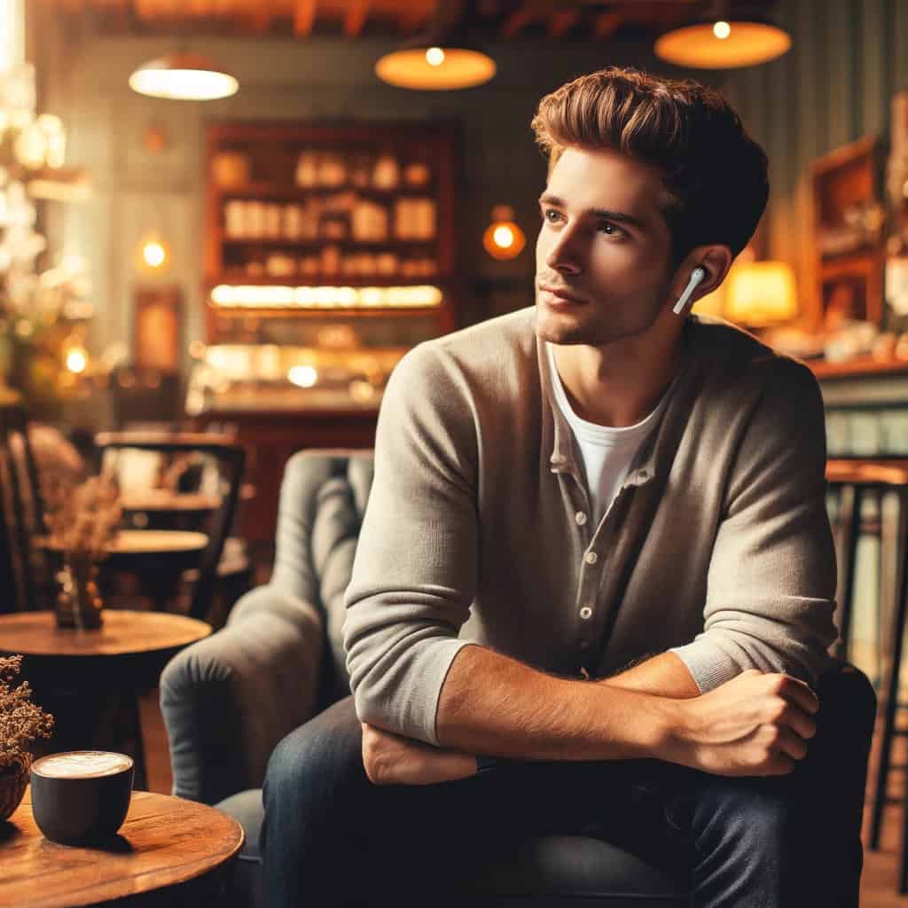 bezprzewodowe słuchawki do 1000 zł w uszach mężczyzny w kawiarni