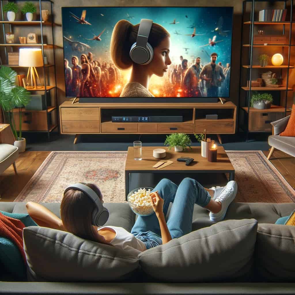 bezprzewodowe słuchawki do telewizora na głowie kobiety oglądającej tv