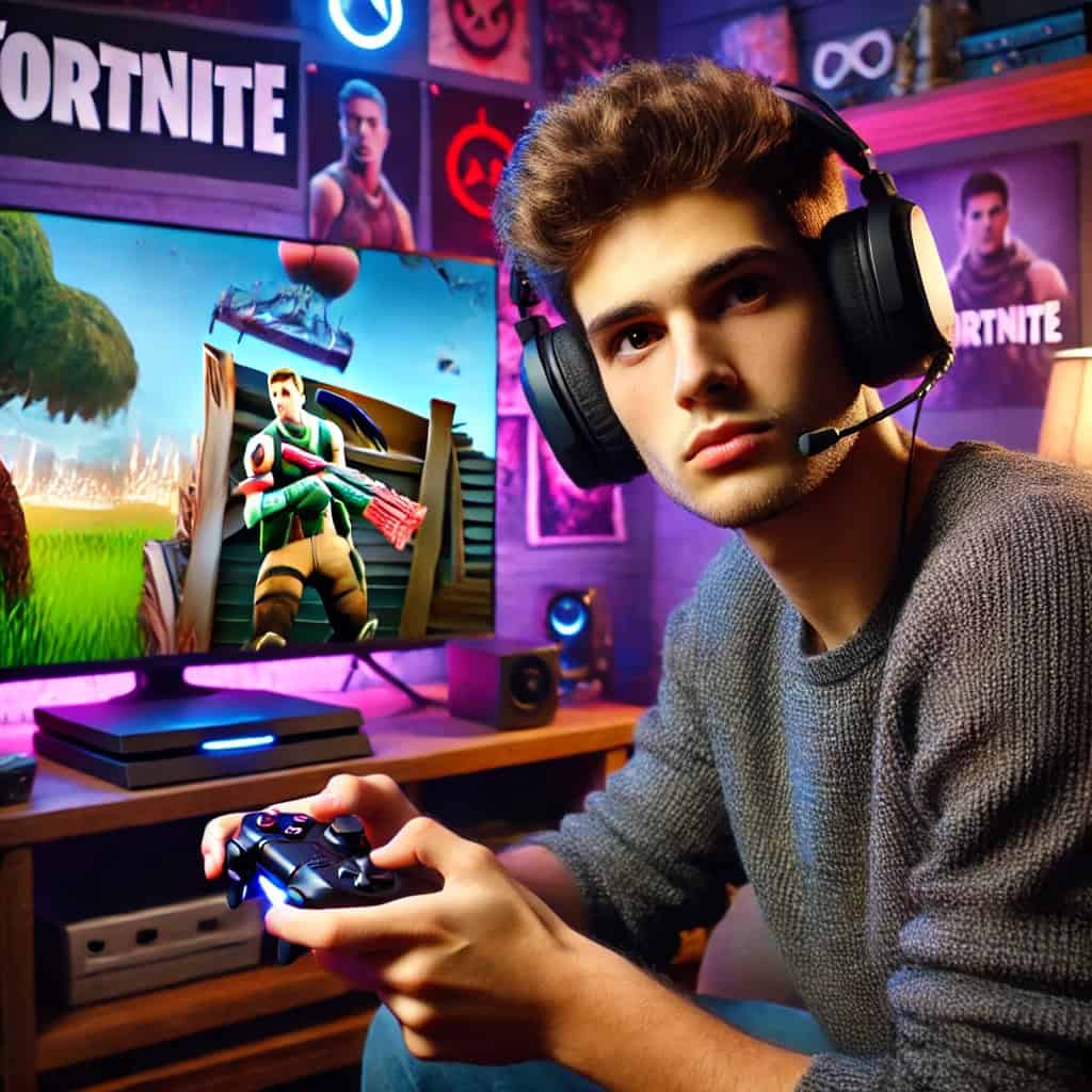 bezprzewodowe słuchawki do fortnite na głowie mężczyzny z padem do konsoli w ręku