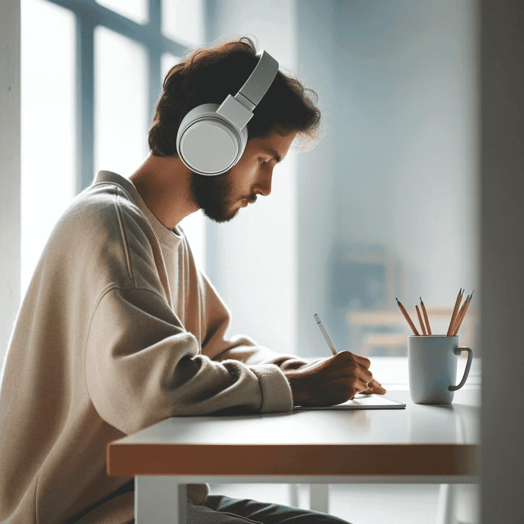 bluetooth 5 - słuchawki bezprzewodowe na głowie mężczyzny piszącego list