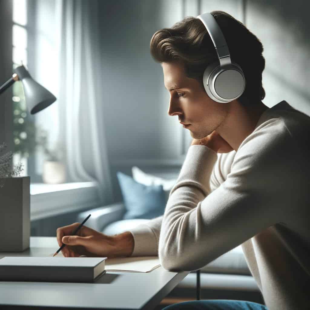 bluetooth co to jest - przykładowy model nauszny na głowie mężczyzny pracującego przy biurku