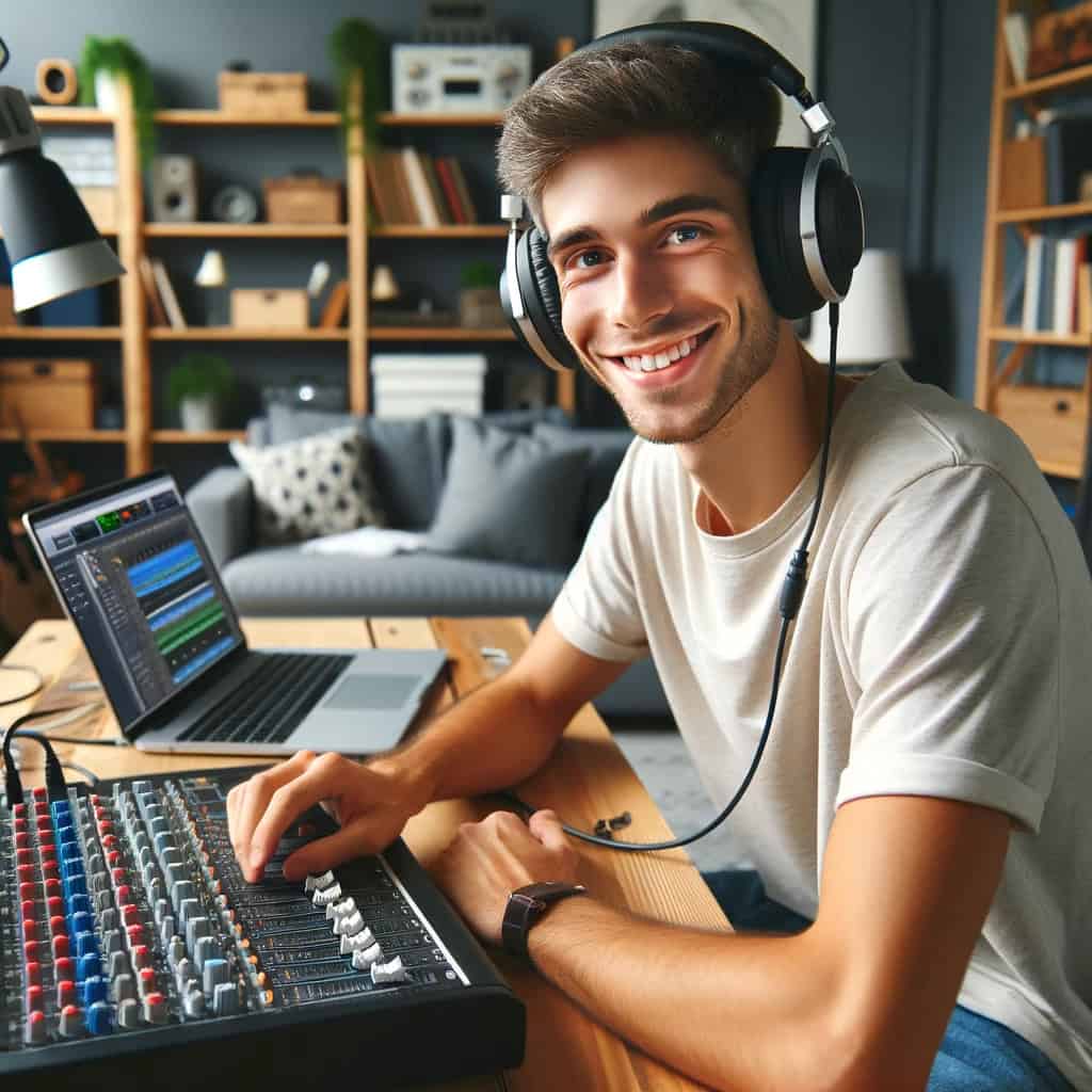 budowa słuchawek przewodowych - uśmiechnięty mężczyzna w studiu w przykładowym modelu