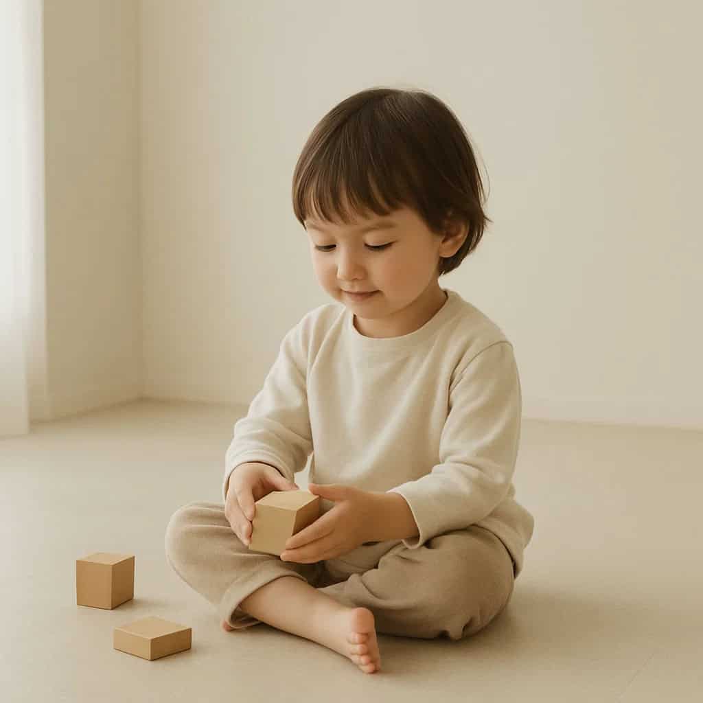 co to jest autyzm chłopiec siedzi na podłodze w białym pokoju, bawiąc się klockami